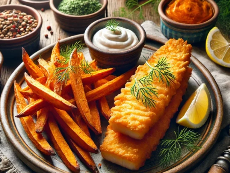 A plated lectin-free fish and chips dish featuring golden brown fish coated in almond flour batter, served with baked sweet potato fries, tartar sauce, and garnished with fresh dill and lemon wedges.