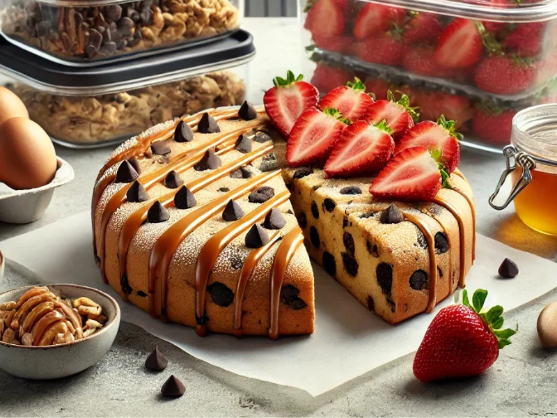 Two beautifully presented cookie cakes on a modern kitchen countertop. One is topped with dark chocolate chips and caramel drizzle, while the other features fresh strawberries and powdered sugar. Both cakes are sliced into even portions and stored in sleek glass containers, surrounded by fresh ingredients like eggs, flour, honey, and nuts, emphasizing a clean and professional meal prep setup.